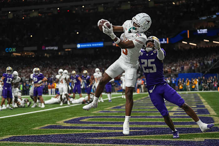 Texas wide receiver Adonai Mitchell said he studies Las Vegas Raiders star Davante Adams' tape to improve his own game.